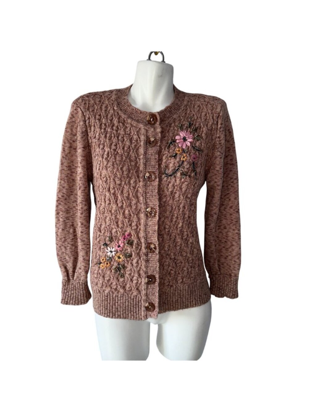 Vintage 90s Brown Floral Beaded Sweater Cottagecore Grandma Chic Knit Cardigan L - Picture 2 of 7
